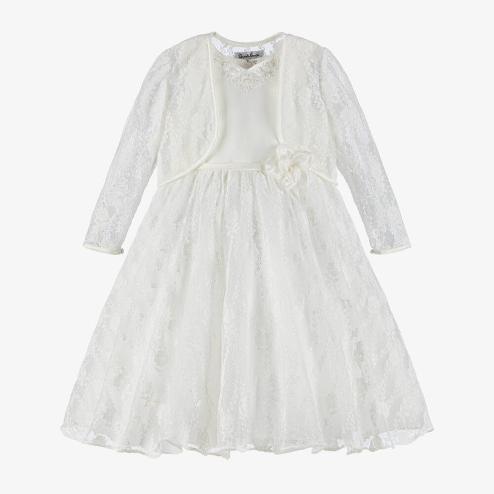 Sarah Louise-Girls Ivory Lace Dress & Bolero Set with Sequins & Pearl Trim | Childrensalon Outlet