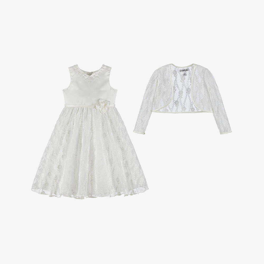 Sarah Louise-Girls Ivory Lace Dress & Bolero Set with Sequins & Pearl Trim | Childrensalon Outlet