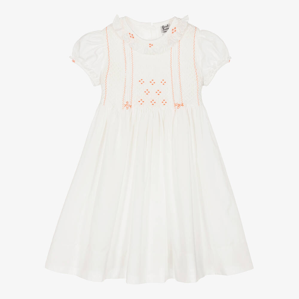 Sarah Louise - Girls Ivory & Pink Cotton Hand-Smocked Dress | Childrensalon