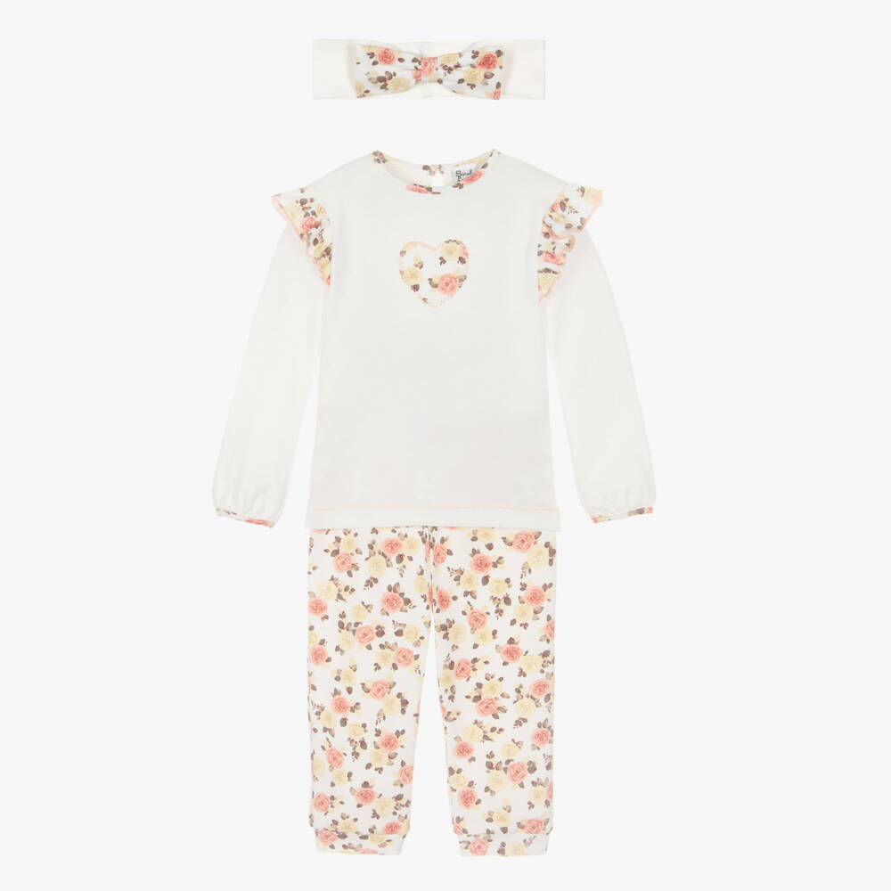 Sarah Louise-Girls Ivory & Pink Cotton Trouser Set | Childrensalon Outlet