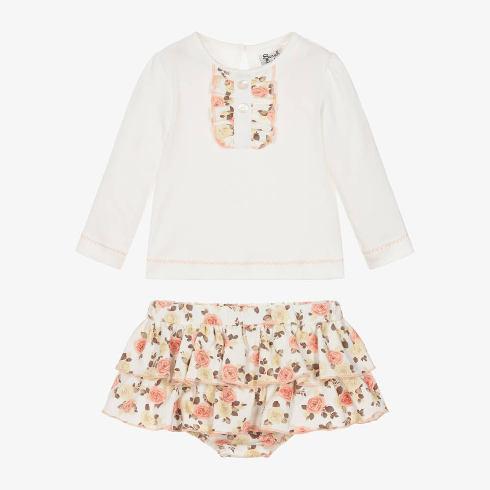 سارا لويز-Girls Ivory & Pink Floral Jersey Skort Set | Childrensalon Outlet