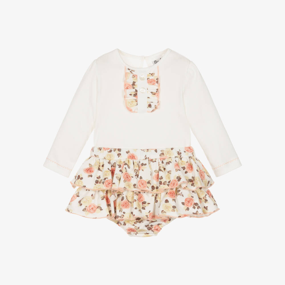 Sarah Louise-Girls Ivory & Pink Floral Jersey Skort Set | Childrensalon Outlet