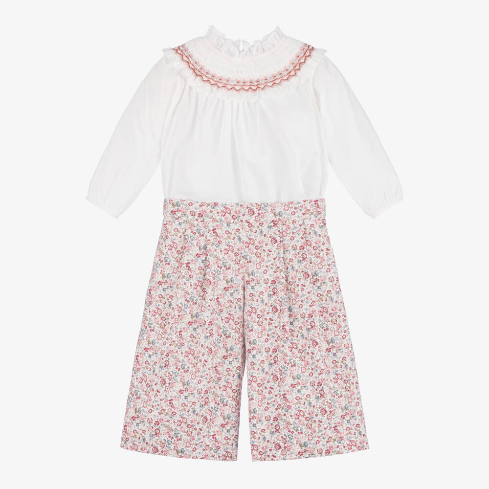 Sarah Louise-Girls Ivory & Pink Floral Trouser Set | Childrensalon Outlet