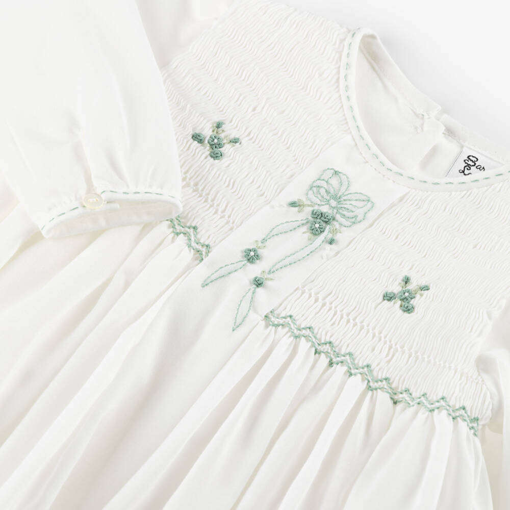 Sarah Louise-Girls Ivory & Sage Green Hand-Embroidered Bow Dress | Childrensalon Outlet