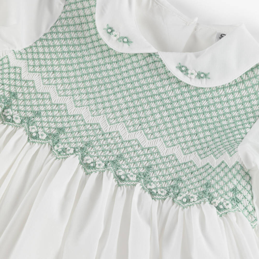 Sarah Louise-Girls Ivory & Sage Green Hand-Smocked Cotton Dress | Childrensalon Outlet