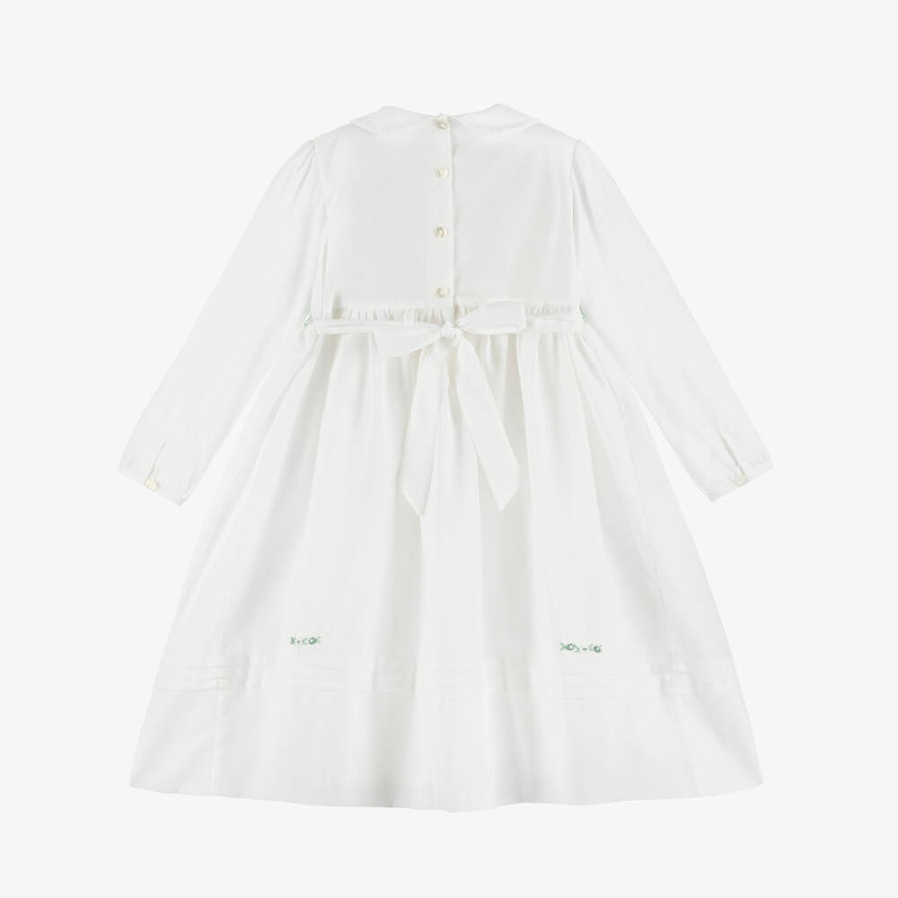 Sarah Louise-Girls Ivory & Sage Green Hand-Smocked Cotton Dress | Childrensalon Outlet
