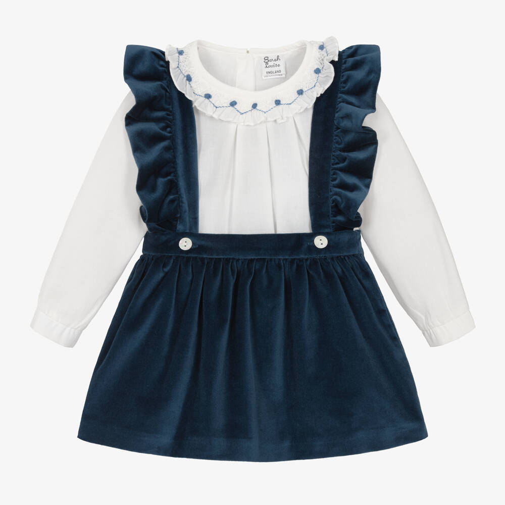 Sarah Louise-طقم تنورة تطريز سموك مخمل لون أزرق | Childrensalon Outlet