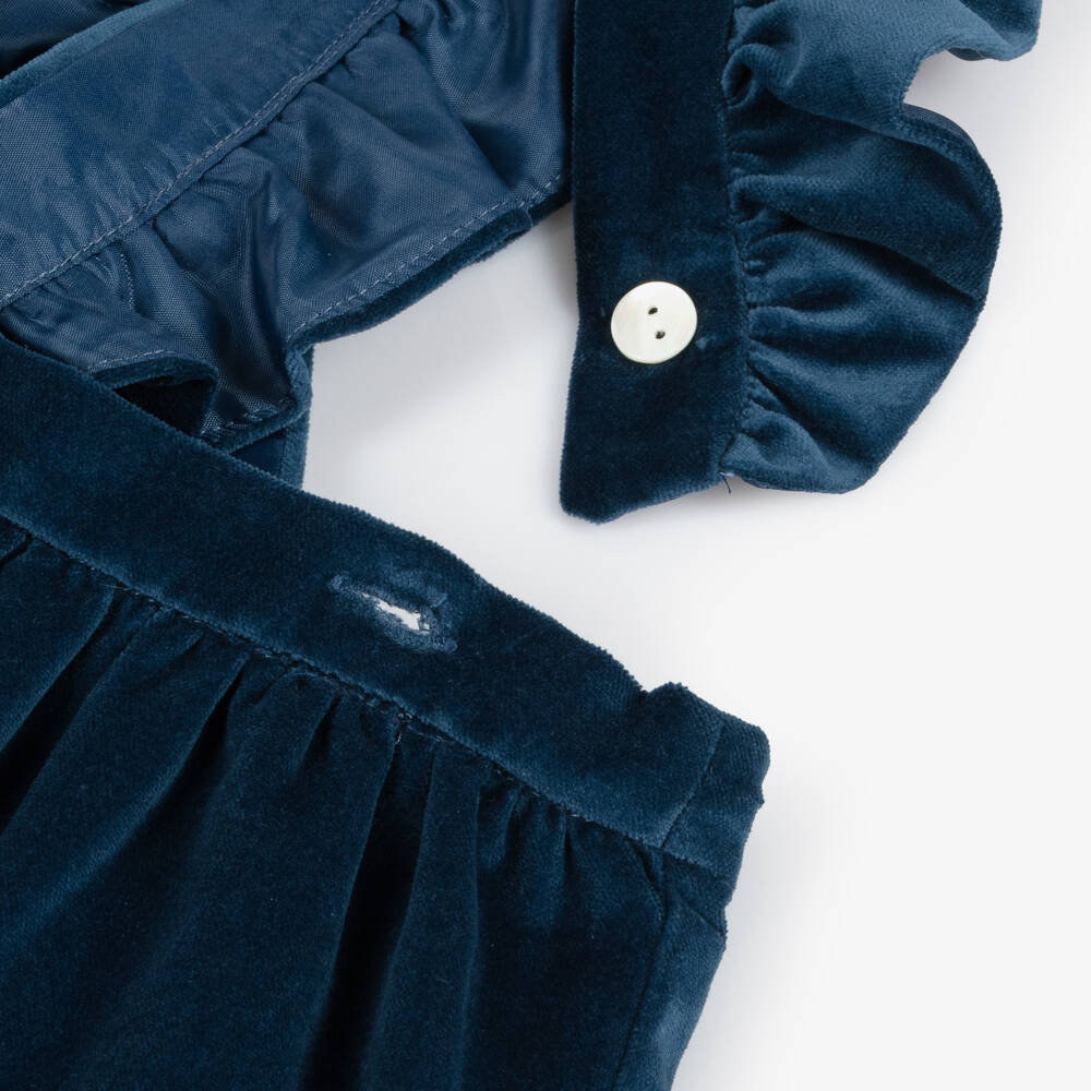 سارا لويز-طقم تنورة تطريز سموك مخمل لون أزرق | Childrensalon Outlet