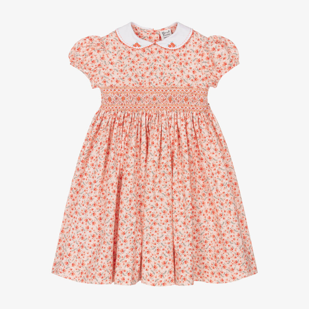 Sarah Louise - Girls Orange Cotton Floral Smocked Dress | Childrensalon