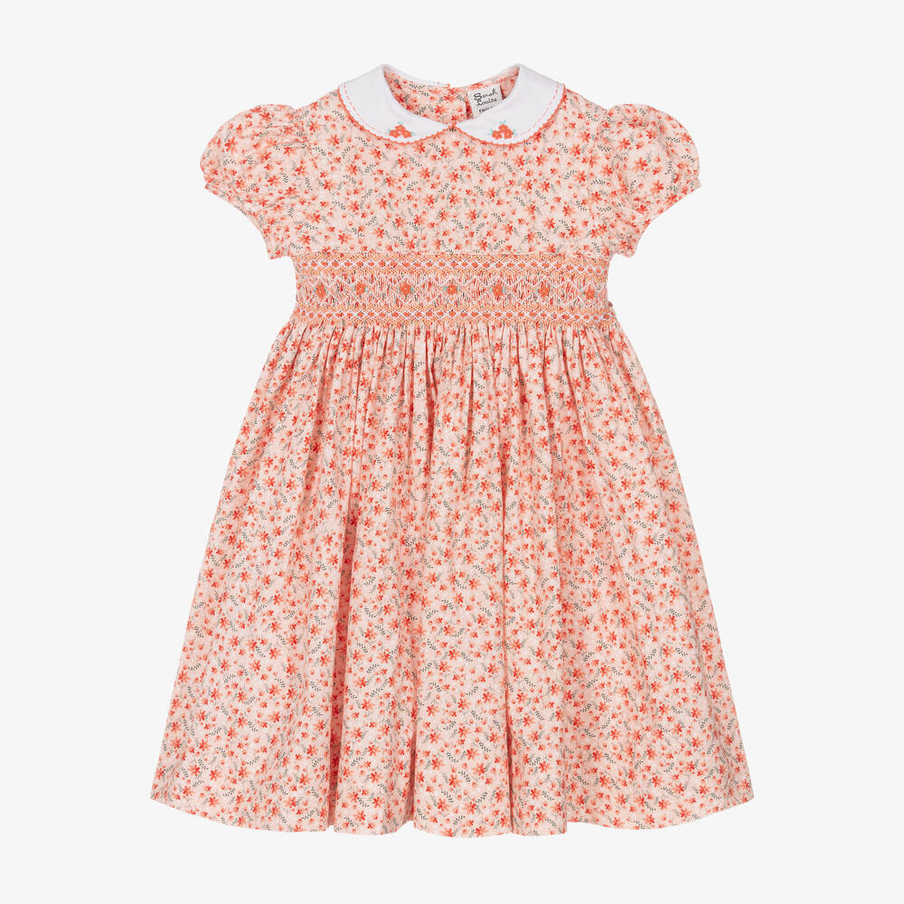 Sarah Louise - Orange geblümtes Smok-Baumwollkleid | Childrensalon