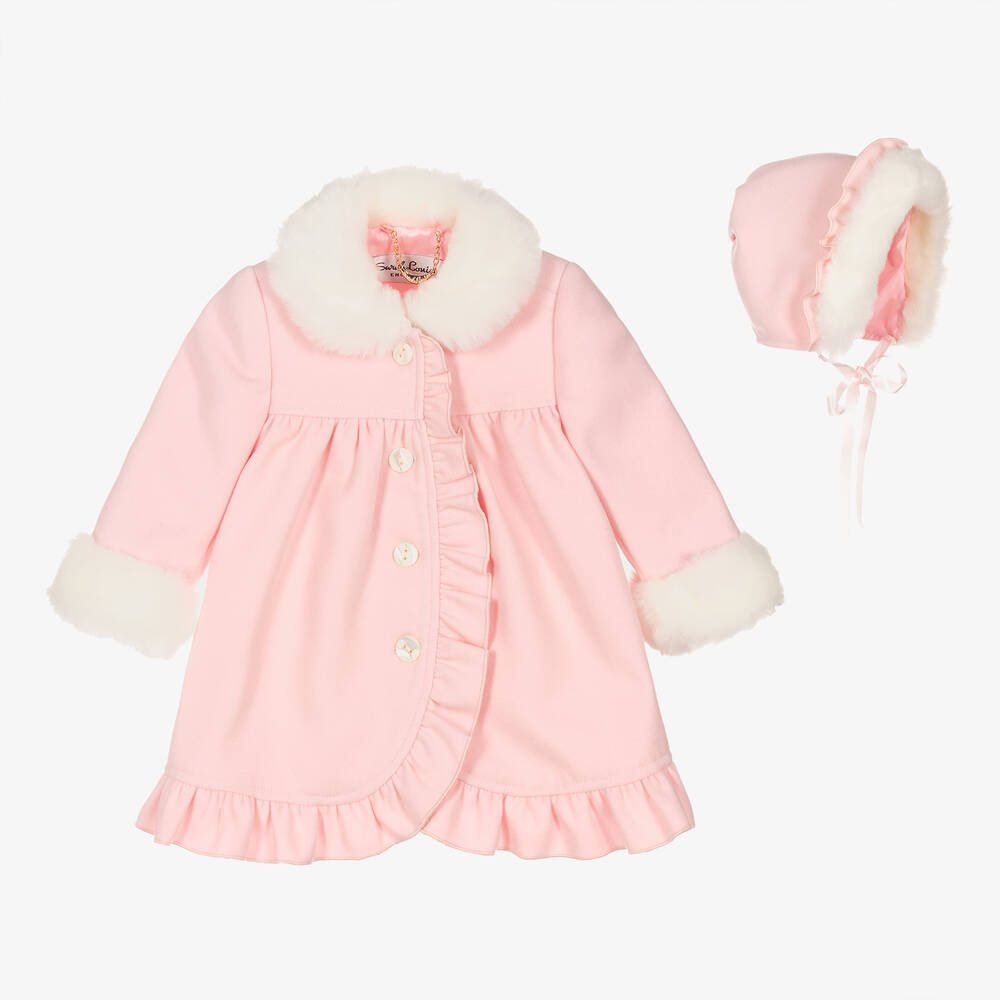 Sarah Louise - Girls Pink Coat & Bonnet Set | Childrensalon