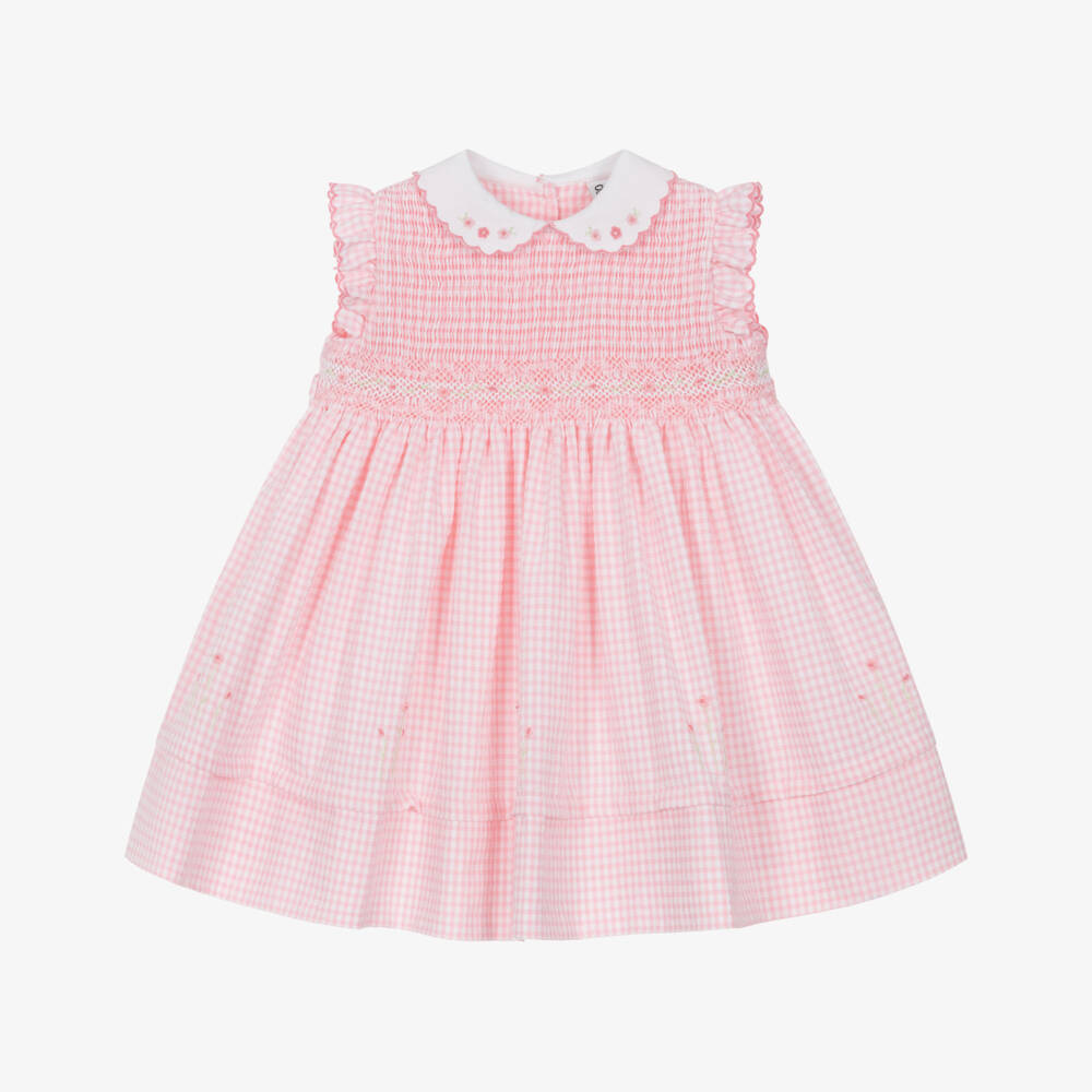 Sarah Louise-Girls Pink Cotton Gingham Smocked Dress | Childrensalon Outlet