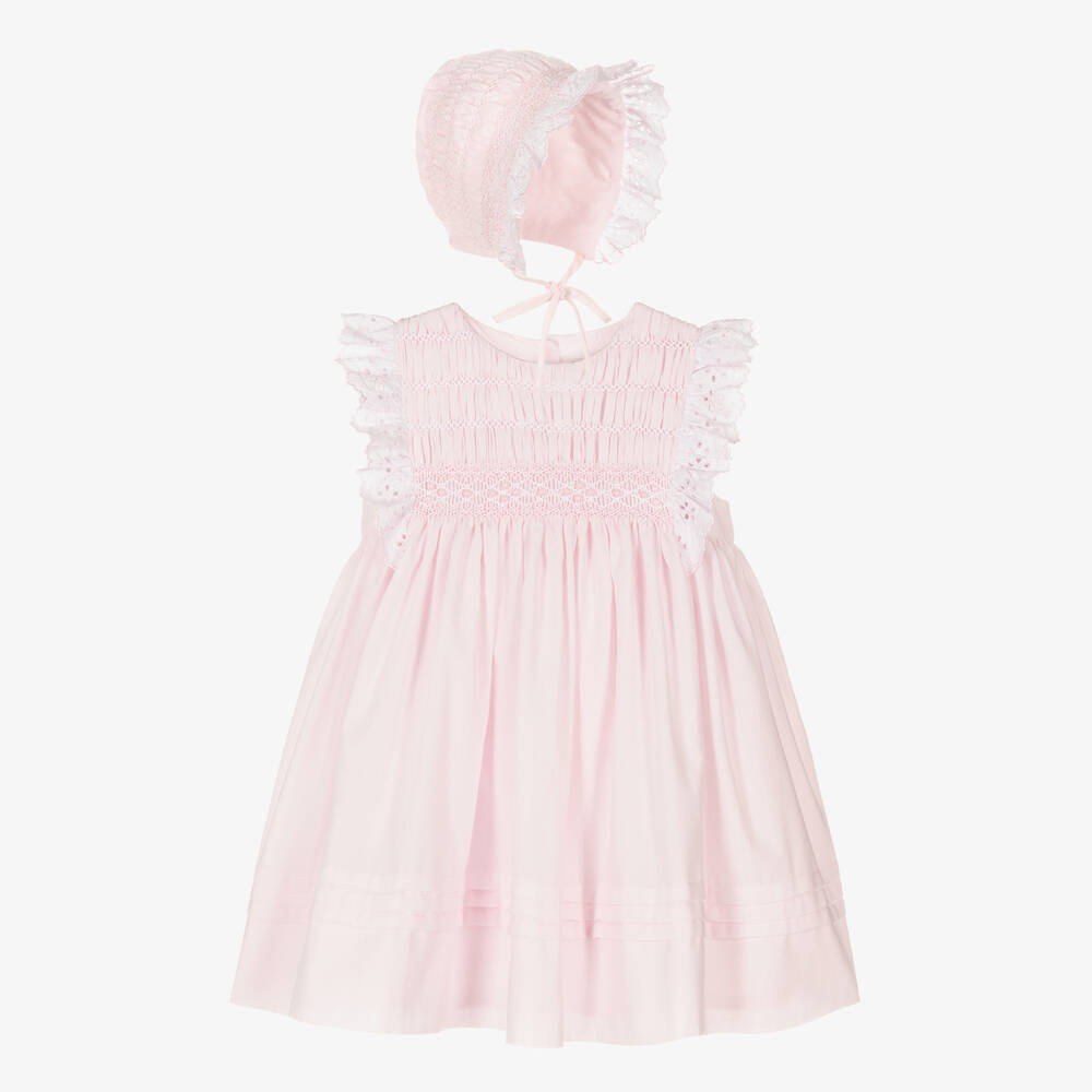 Sarah Louise - Розовое платье со сборками ручной работы и чепчик из хлопка | Childrensalon