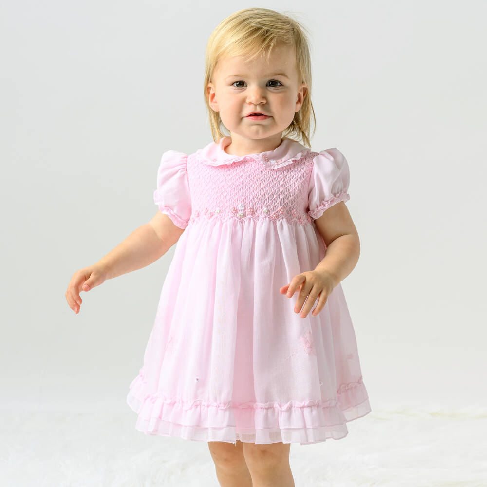 Sarah Louise-Girls Pink Cotton Hand-Smocked & Embroidered Dress | Childrensalon Outlet