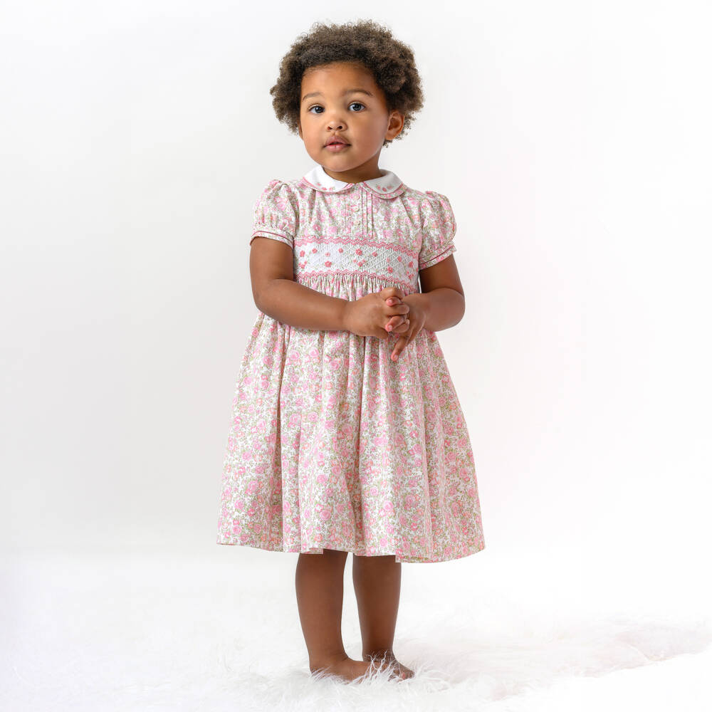 Sarah Louise-Girls Pink Floral Cotton Hand-Smocked Dress | Childrensalon Outlet