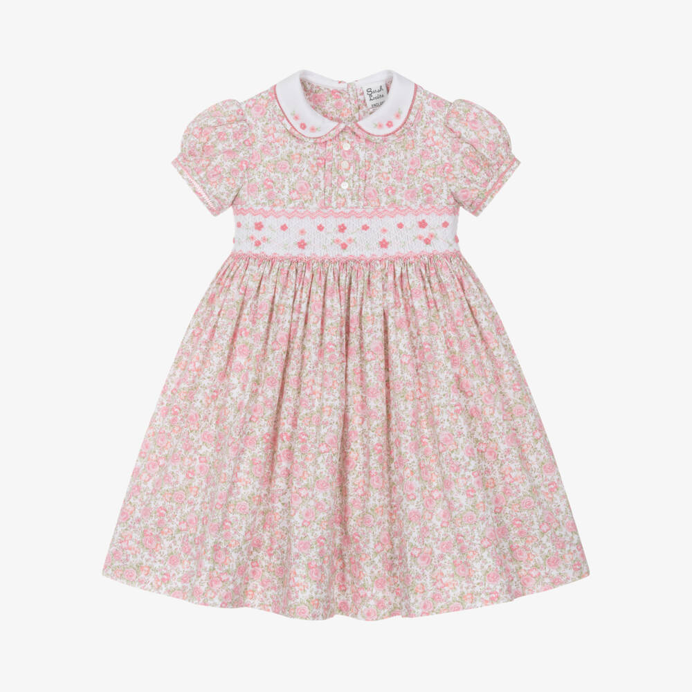 Sarah Louise-Girls Pink Floral Cotton Hand-Smocked Dress | Childrensalon Outlet