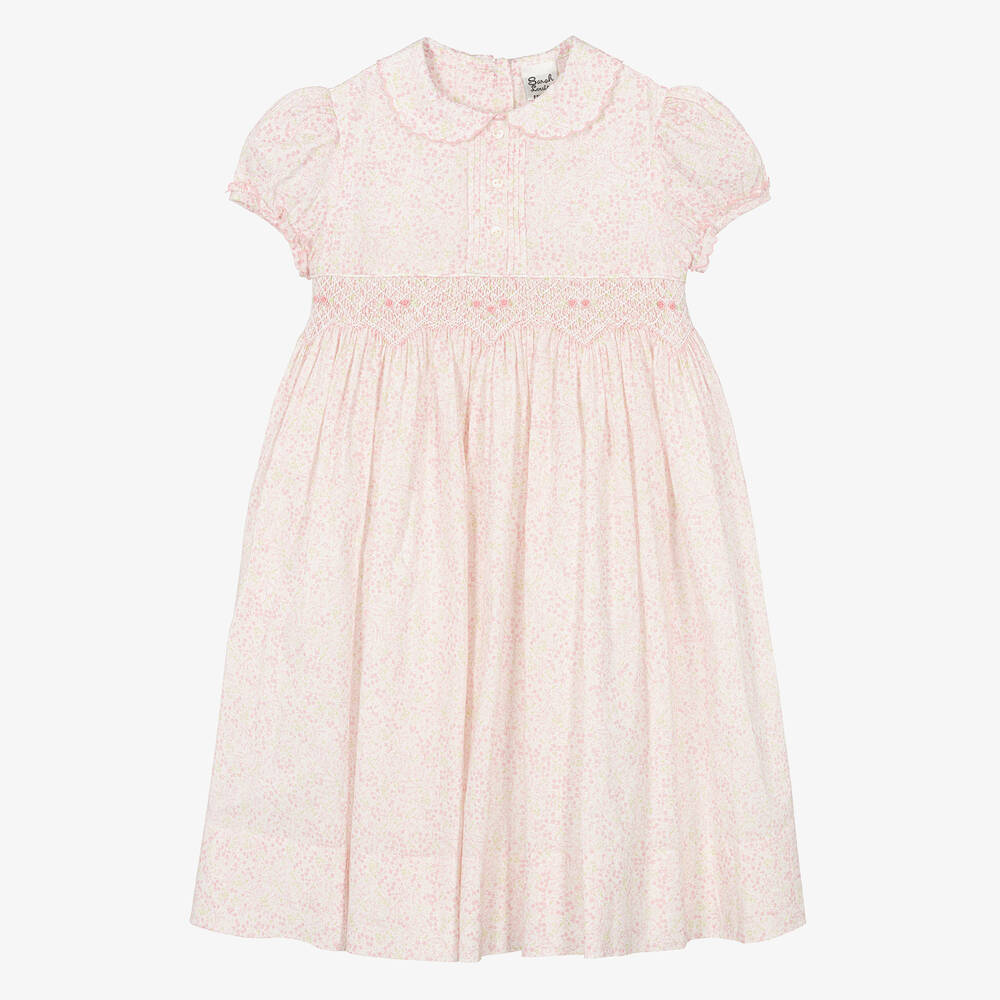 Sarah Louise - Girls Pink Floral Hand-Smocked Cotton Dress | Childrensalon