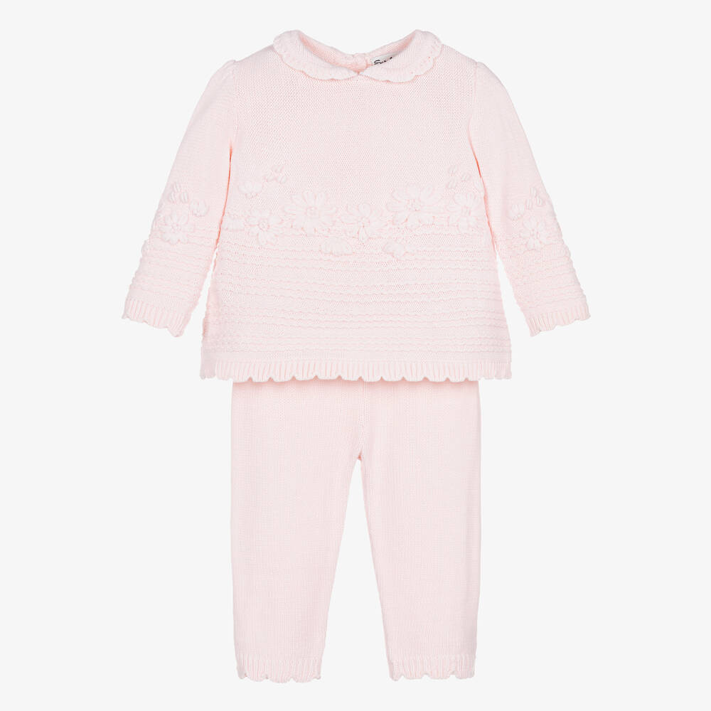 Sarah Louise - Girls Pink Floral Knitted Trouser Set | Childrensalon