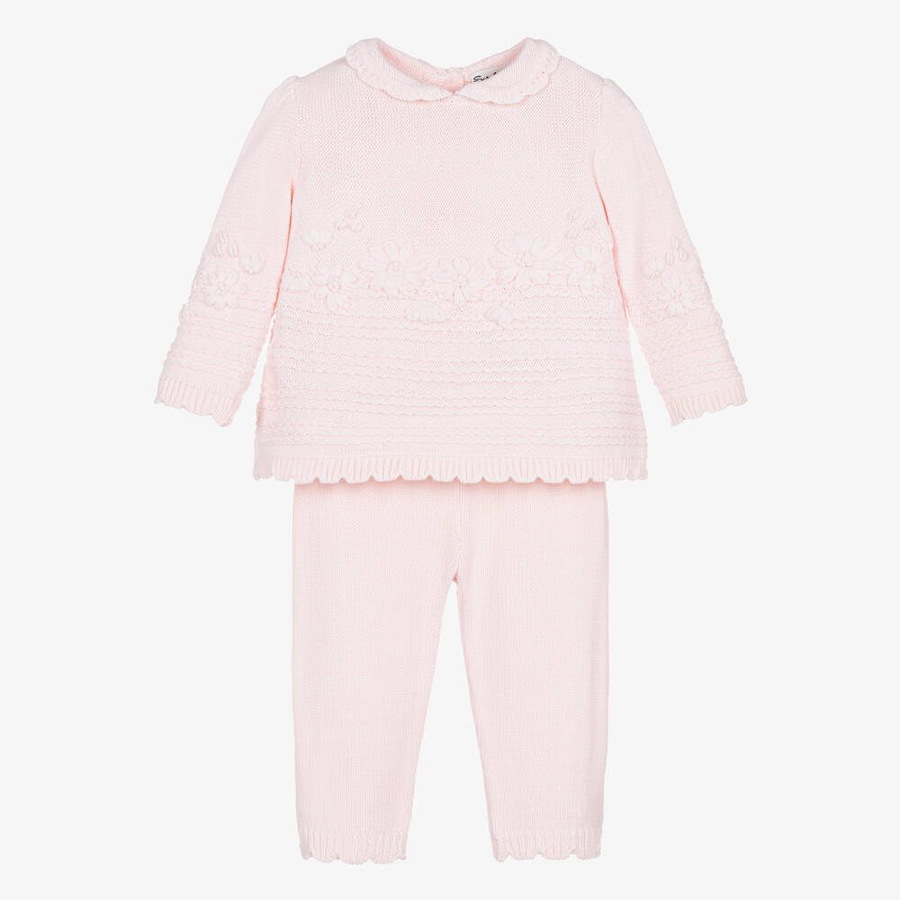 Sarah Louise-Girls Pink Floral Knitted Trouser Set | Childrensalon Outlet