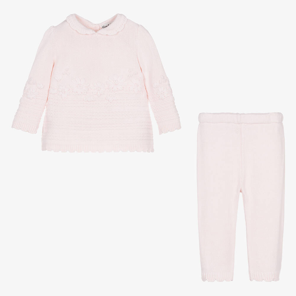 Sarah Louise-Girls Pink Floral Knitted Trouser Set | Childrensalon Outlet