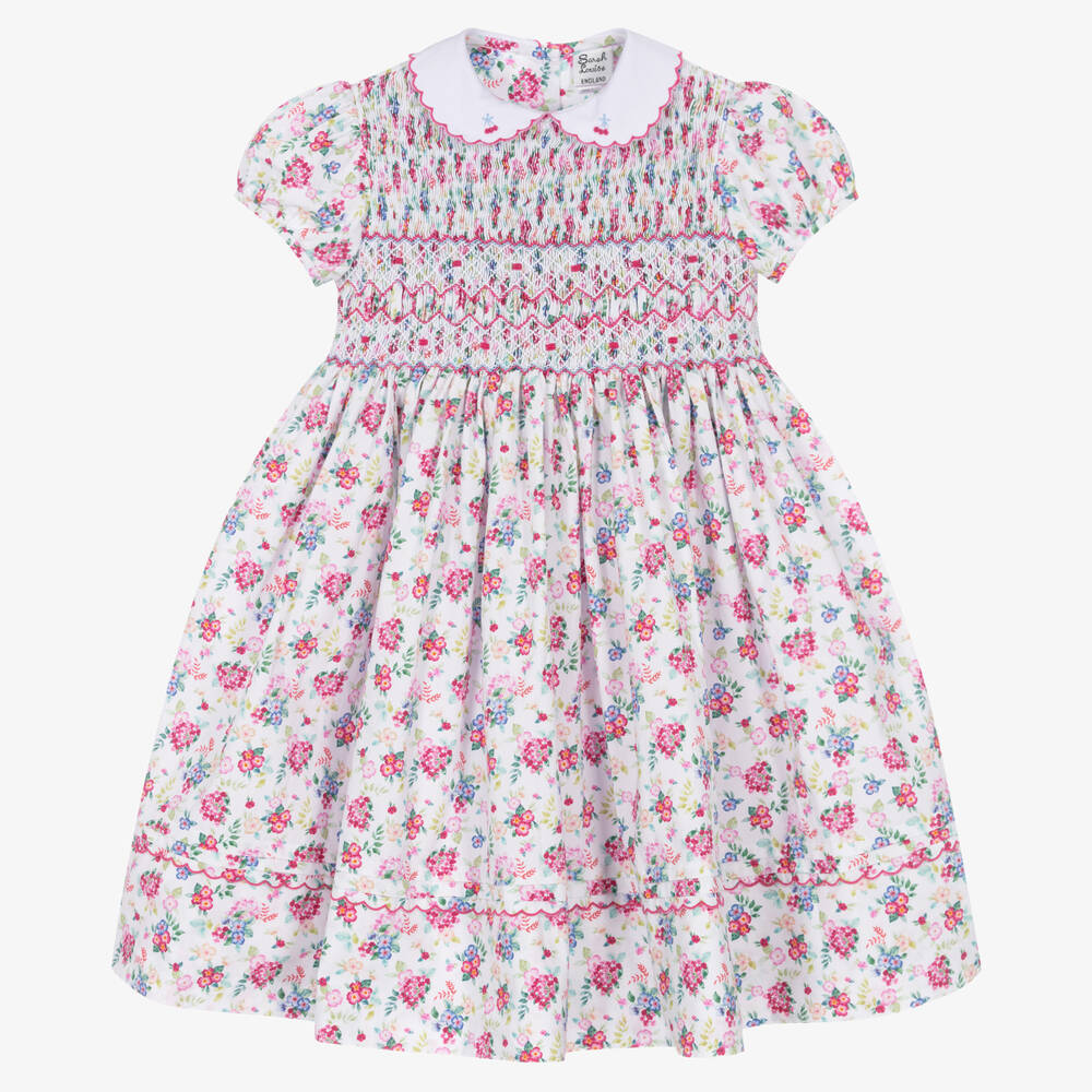 Sarah Louise - Girls Pink Floral Smocked Cotton Dress | Childrensalon