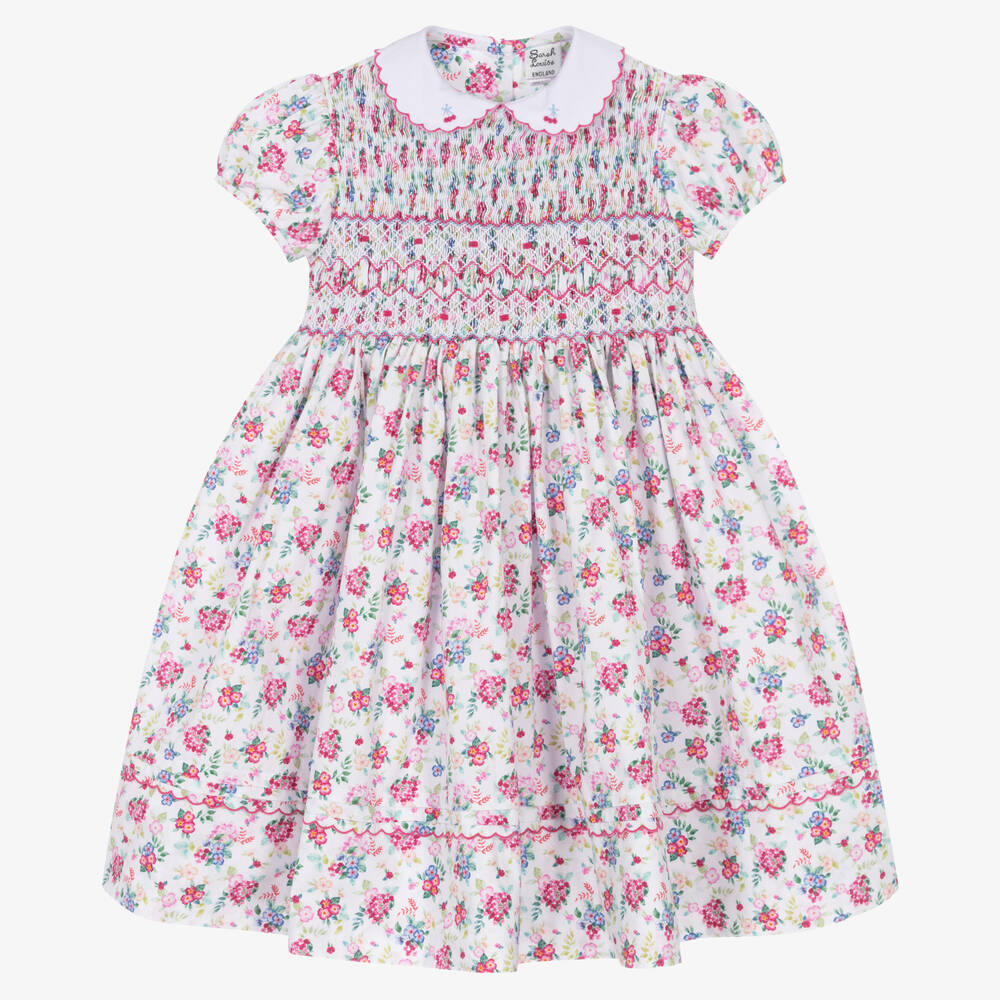 Sarah Louise - Rosa gesmoktes Baumwoll-Blumenkleid | Childrensalon