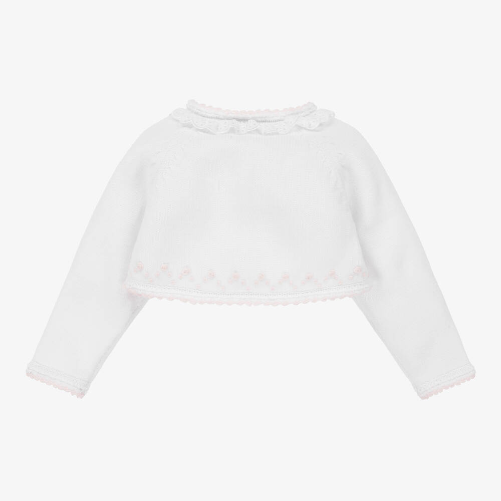 سارا لويز-كارديغان بوليرو قطن محبوك لون أبيض وزهري | Childrensalon Outlet