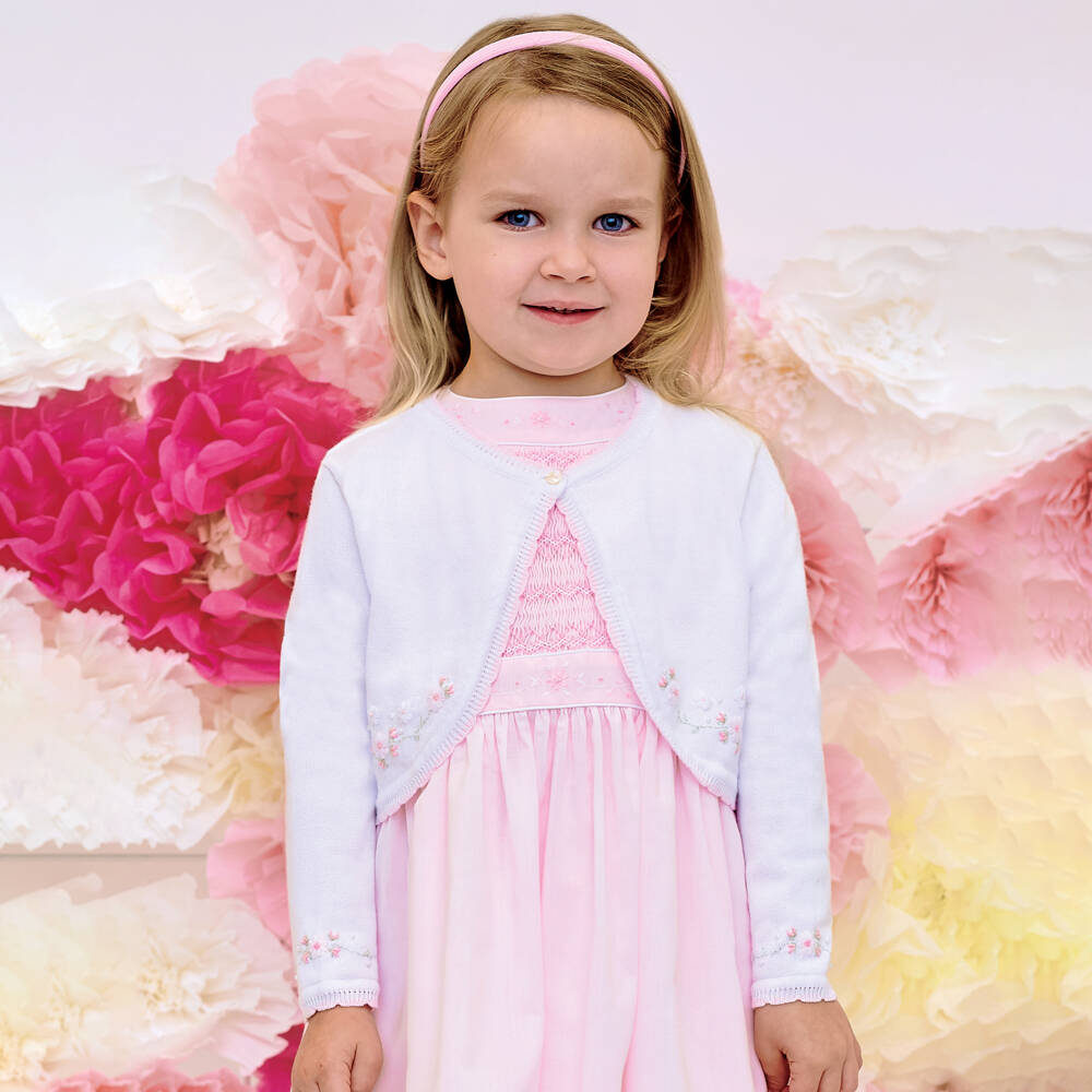 سارا لويز-كارديغان بوليرو قطن محبوك لون أبيض وزهري | Childrensalon Outlet