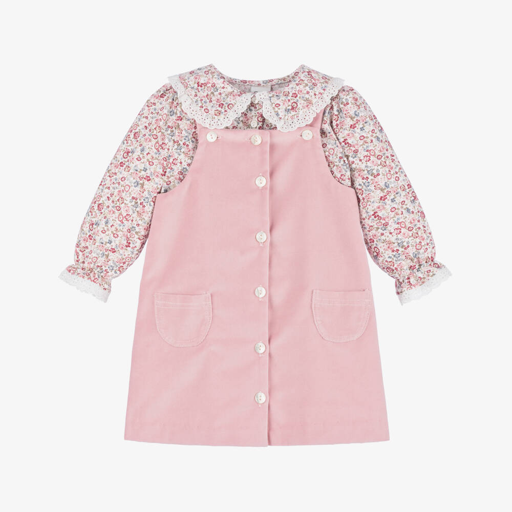 Sarah Louise-Girls Pink Velvet Pinafore Set | Childrensalon Outlet