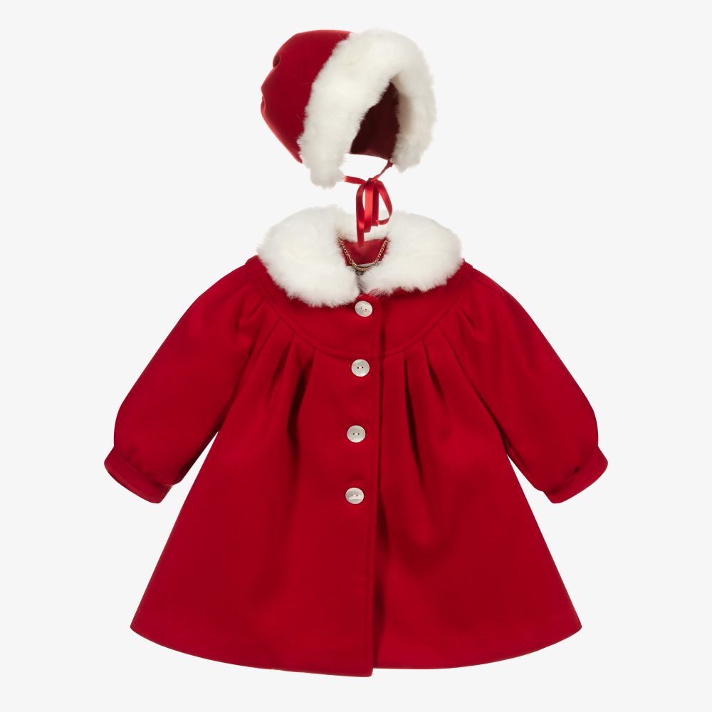 Sarah Louise - Girls Red Coat & Bonnet Set | Childrensalon