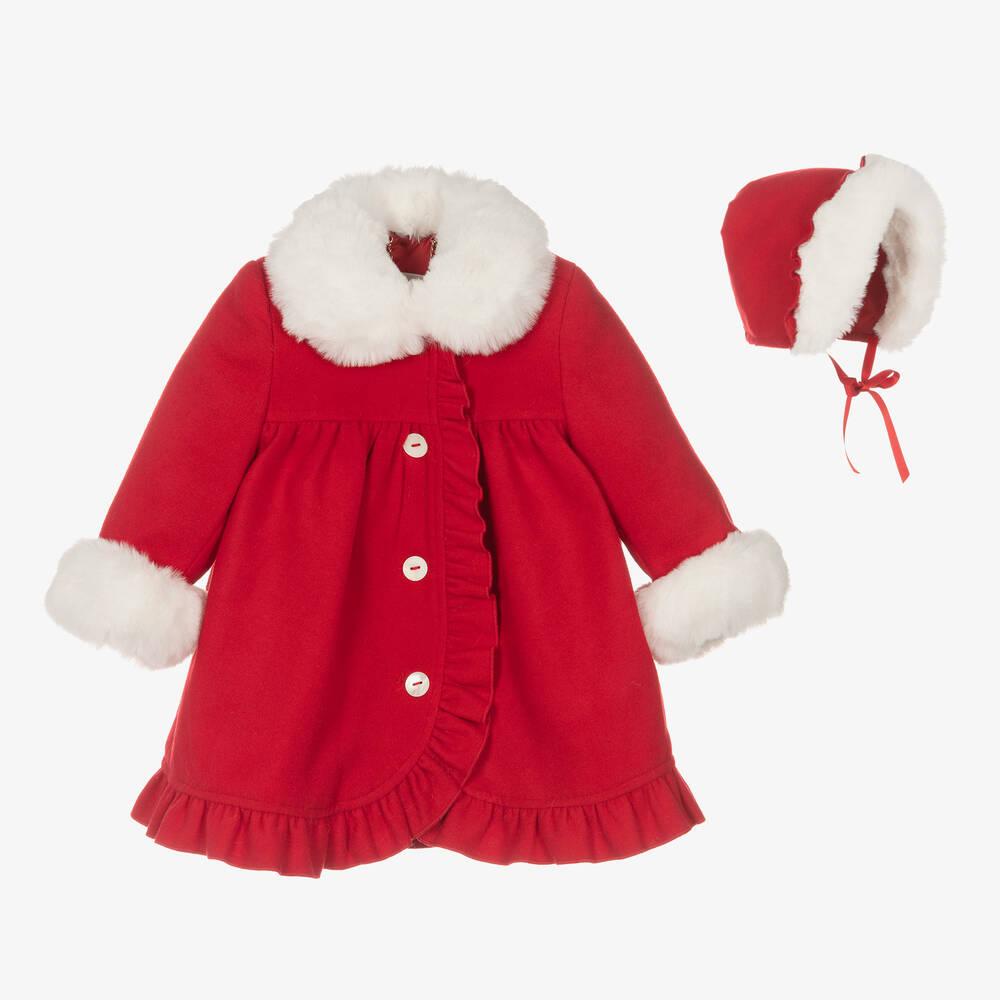 Sarah Louise - Girls Red Coat & Bonnet Set | Childrensalon