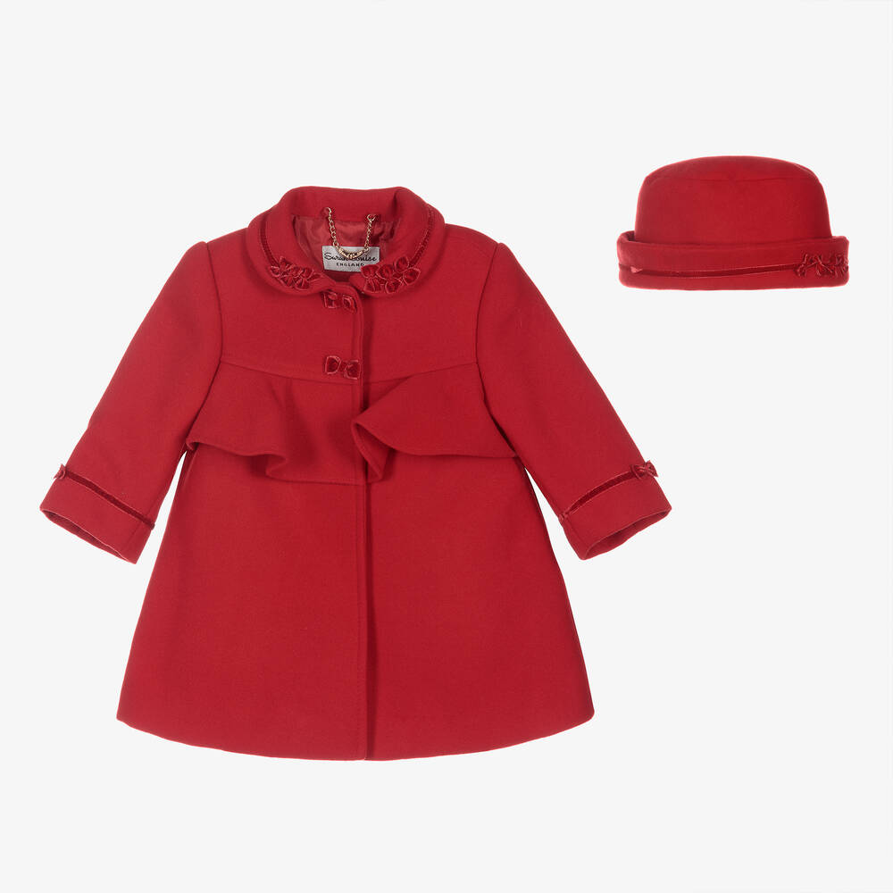 Sarah Louise - طقم معطف وقبعة لون أحمر للبنات | Childrensalon