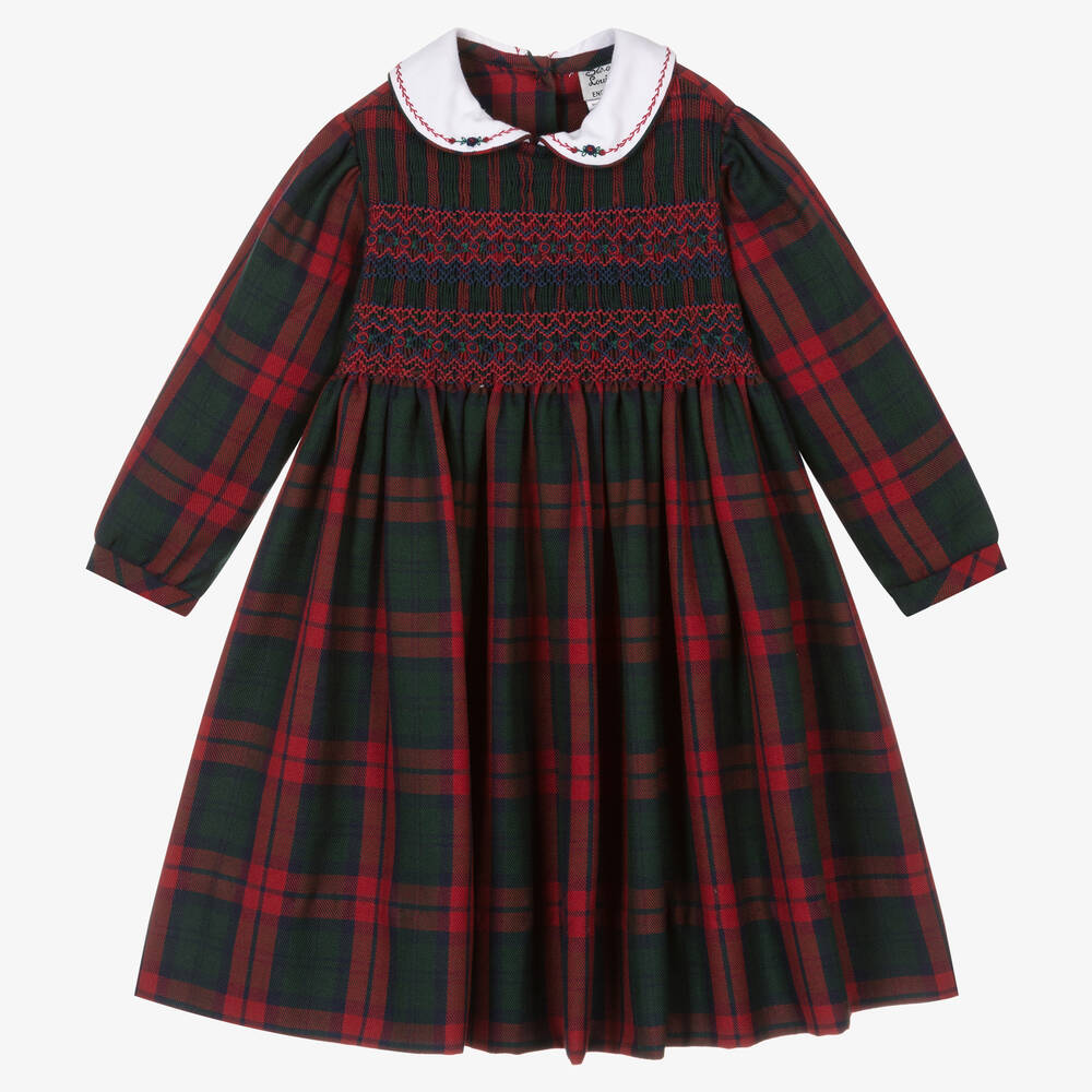 Sarah Louise - Girls Red & Green Tartan Check Dress | Childrensalon