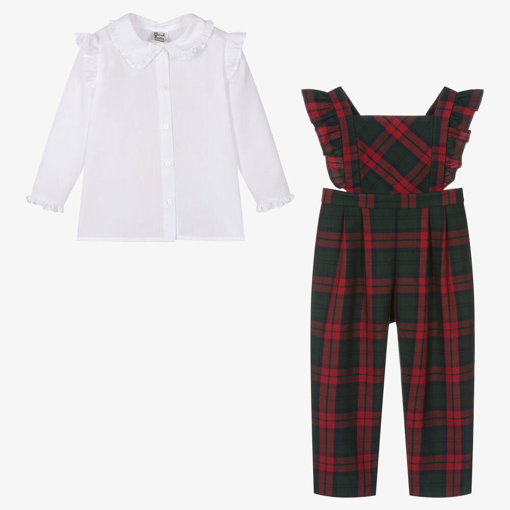 Sarah Louise-Girls Red & Green Tartan Dungaree Set | Childrensalon Outlet
