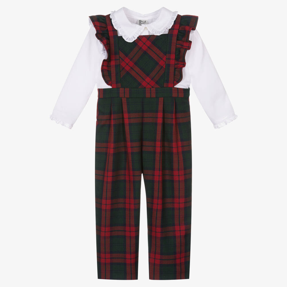 Sarah Louise - Girls Red & Green Tartan Dungaree Set | Childrensalon