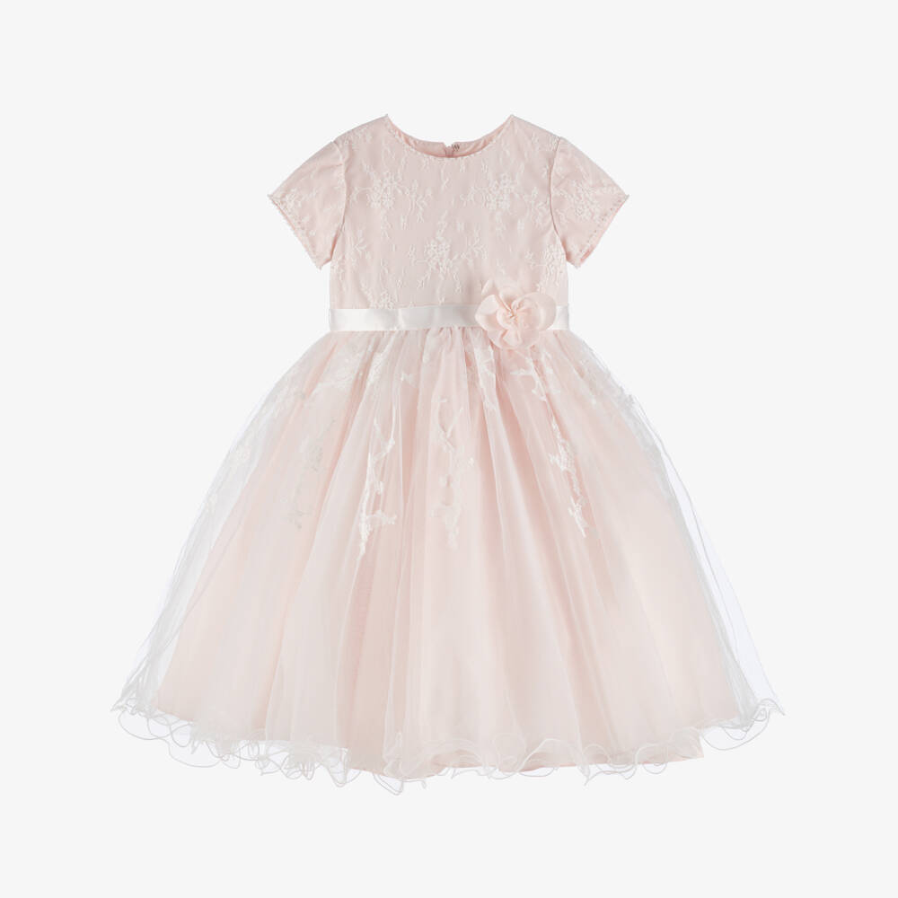 Sarah Louise-Girls Shell Pink Floral Tulle Dress with Pearl Beads | Childrensalon Outlet