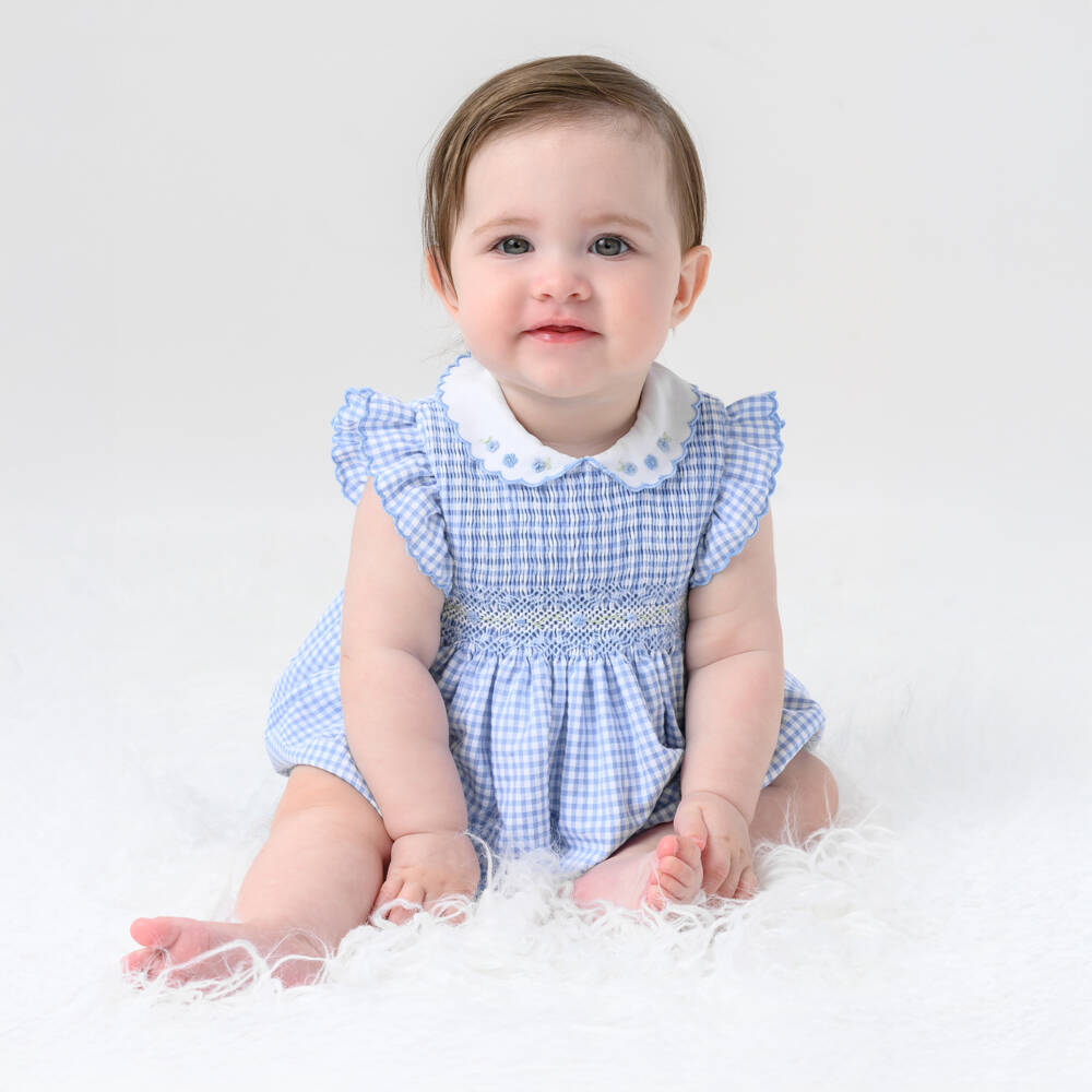 Sarah Louise-Girls Soft Blue Gingham Romper | Childrensalon Outlet