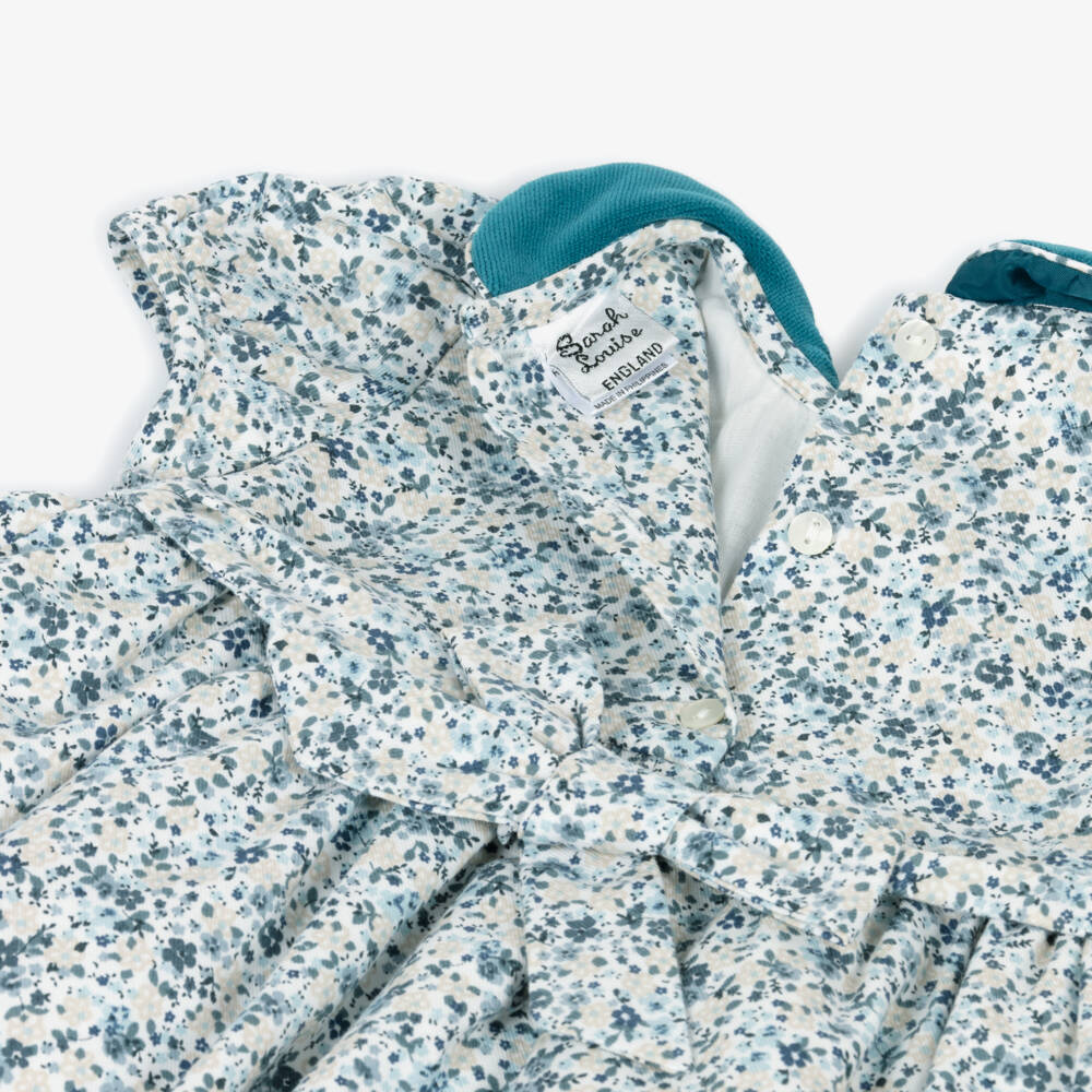 Sarah Louise-Girls Teal Blue & Beige Hand-Smocked Dress | Childrensalon Outlet