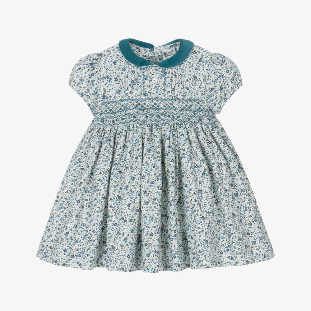 Sarah Louise-Girls Teal Blue & Beige Hand-Smocked Dress | Childrensalon Outlet