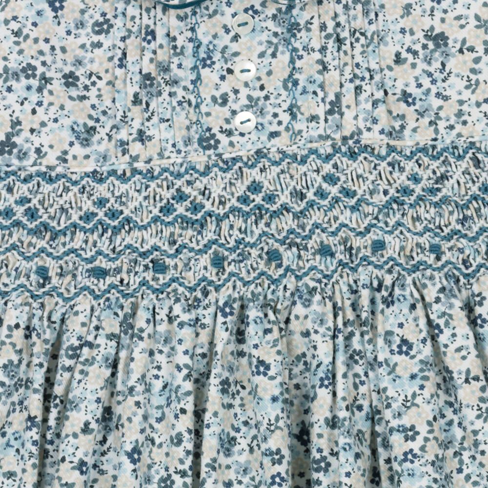 Sarah Louise-Girls Teal Blue & Beige Hand-Smocked Dress | Childrensalon Outlet