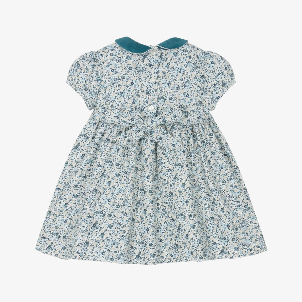 Sarah Louise-Girls Teal Blue & Beige Hand-Smocked Dress | Childrensalon Outlet