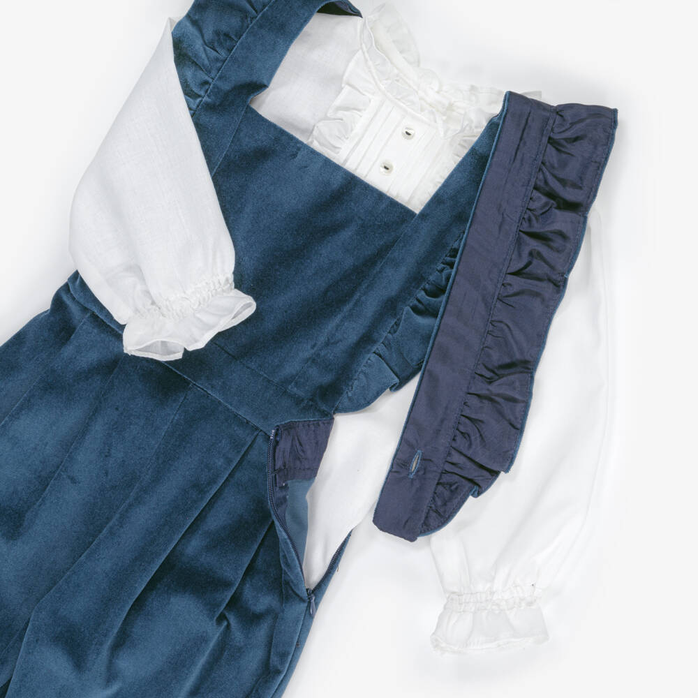 Sarah Louise-Girls Teal Blue Velvet Dungaree Set | Childrensalon Outlet