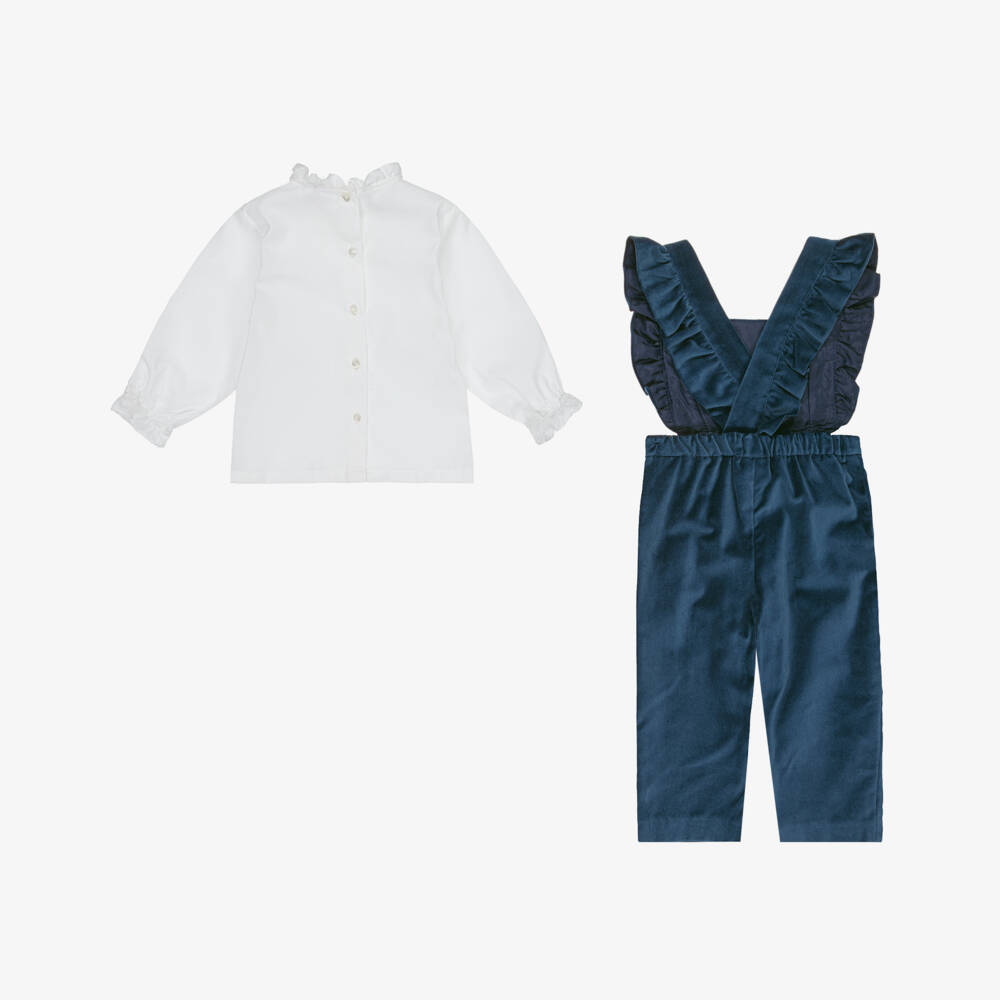 Sarah Louise-Girls Teal Blue Velvet Dungaree Set | Childrensalon Outlet