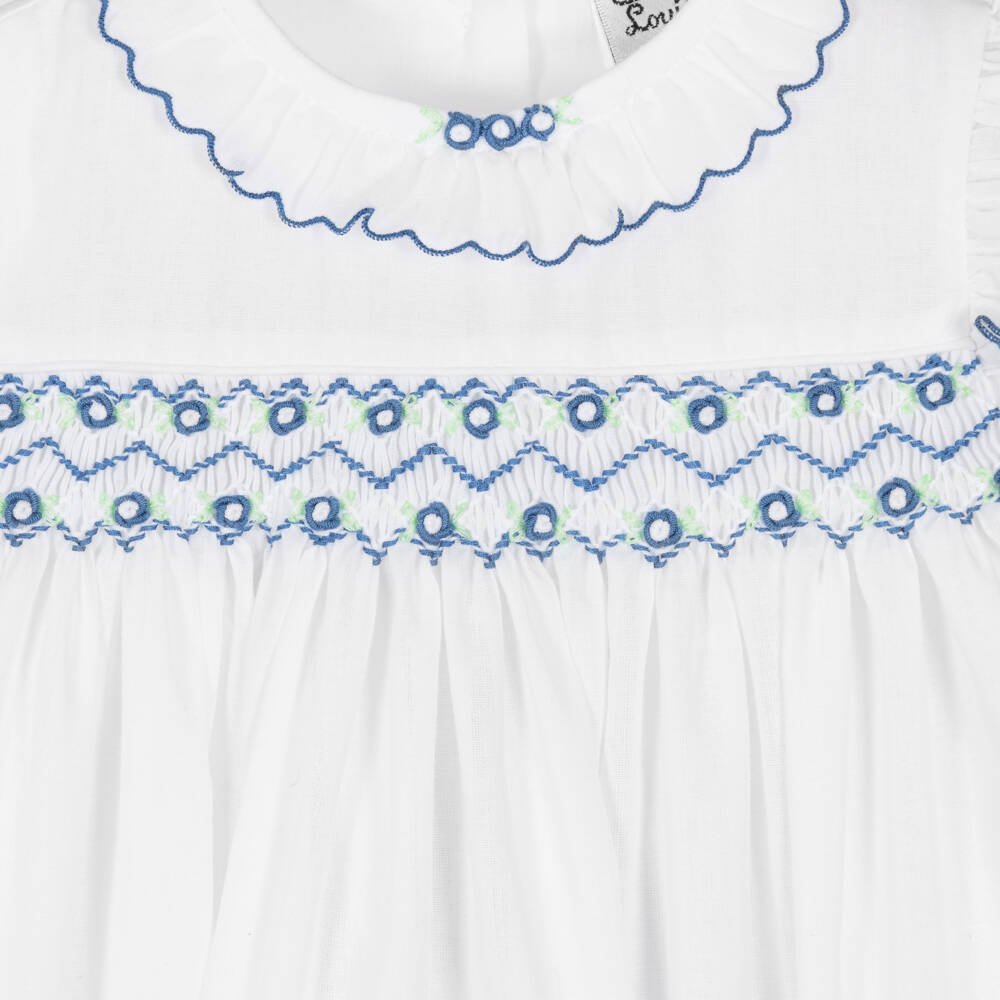 Sarah Louise-Girls White and Blue Embroidered Dress | Childrensalon Outlet
