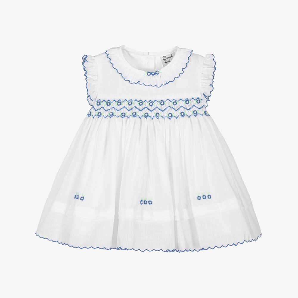 Sarah Louise-Girls White and Blue Embroidered Dress | Childrensalon Outlet