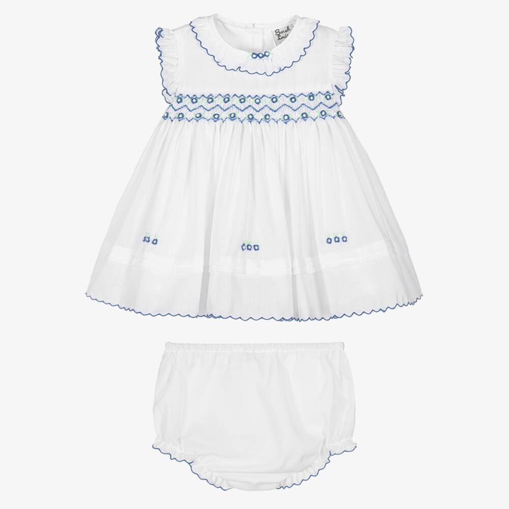 Sarah Louise-Girls White and Blue Embroidered Dress | Childrensalon Outlet