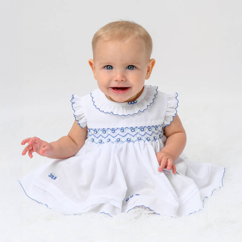 Sarah Louise-Girls White and Blue Embroidered Dress | Childrensalon Outlet