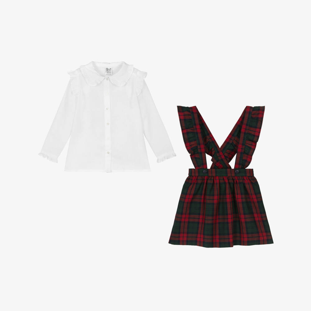 Sarah Louise-Girls White Blouse & Red Tartan Skirt Set | Childrensalon Outlet