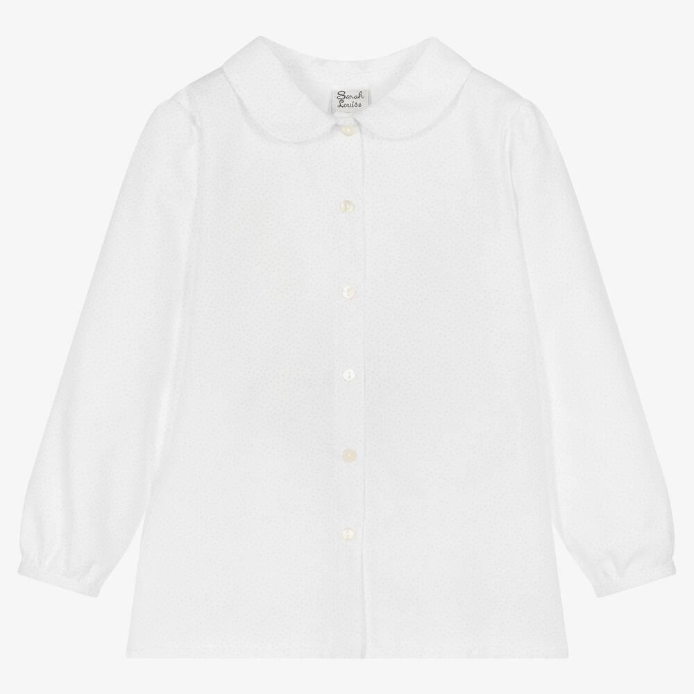 Sarah Louise - Girls White & Blue Cotton Blouse  | Childrensalon