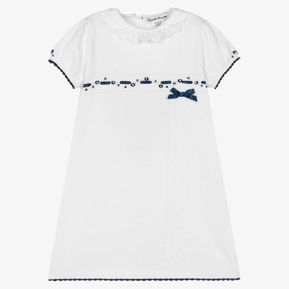 Sarah Louise - Girls White & Blue Cotton Knitted Dress | Childrensalon